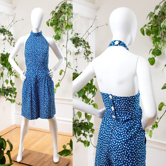 Vintage Pants - Vintage 1980s Romper 80s Blue Polka Dot Halter Shorts Open Back Summer Playsuit
